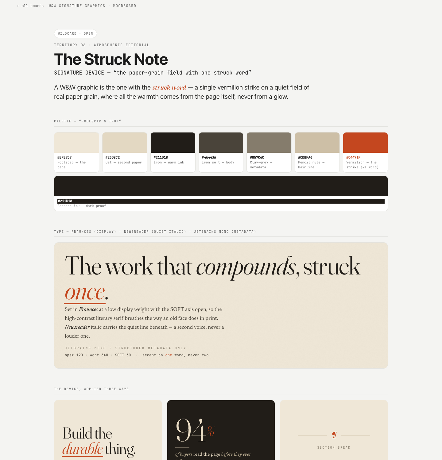 Moodboard — the visual system — pre-rendered preview