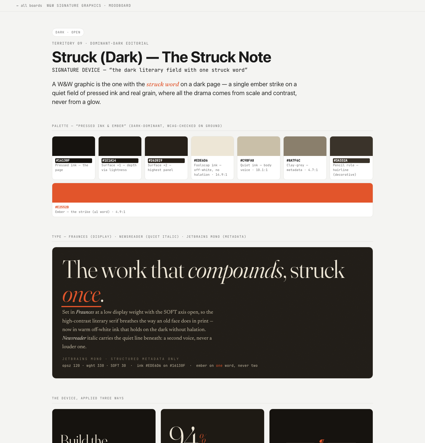 Moodboard — the visual system — pre-rendered preview