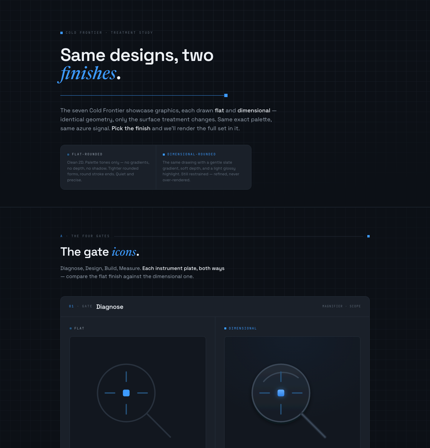 Icon study — flat vs. dimensional — pre-rendered preview