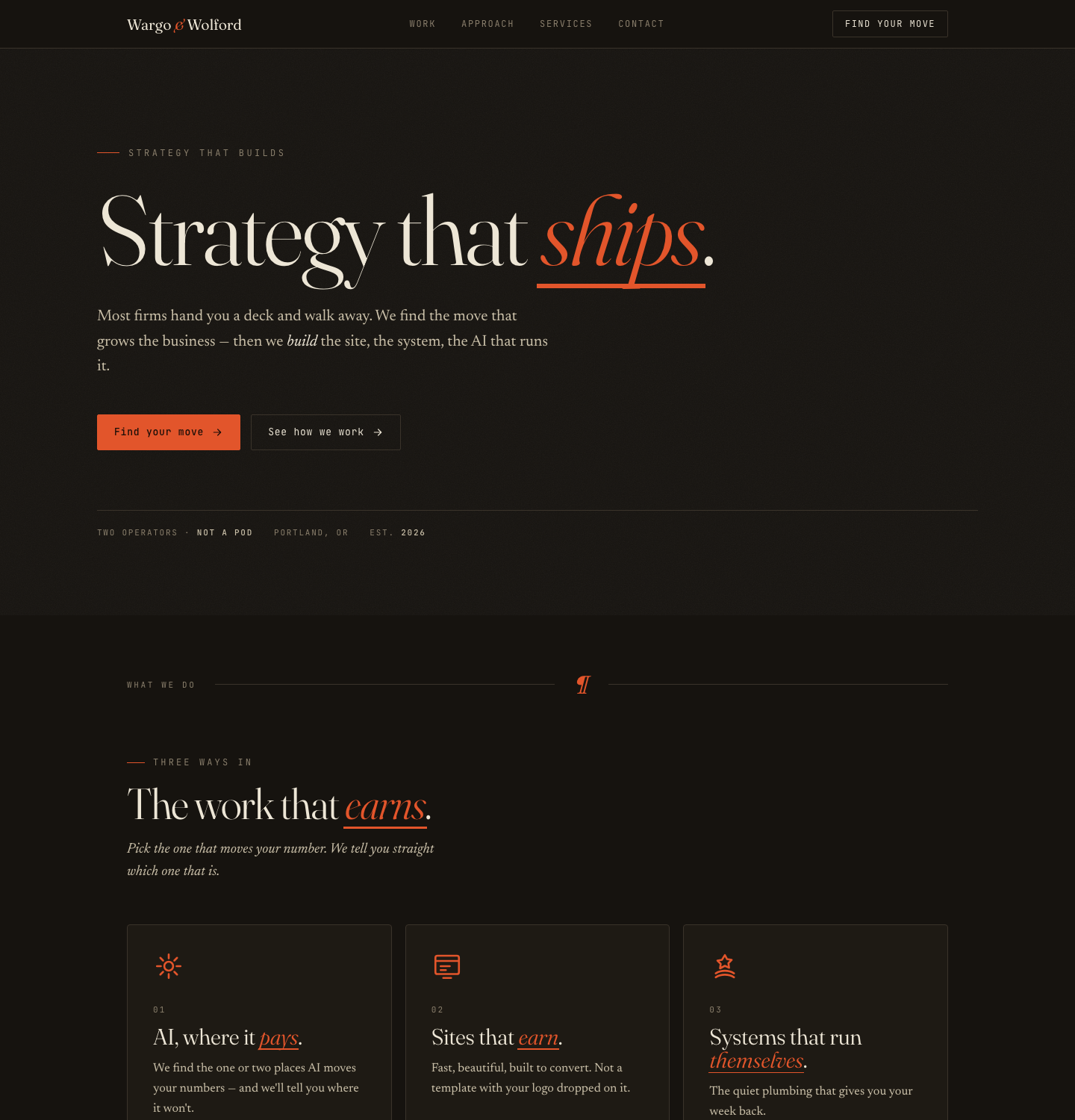 Struck Dark — Pressed Ink & Ember homepage mockup preview